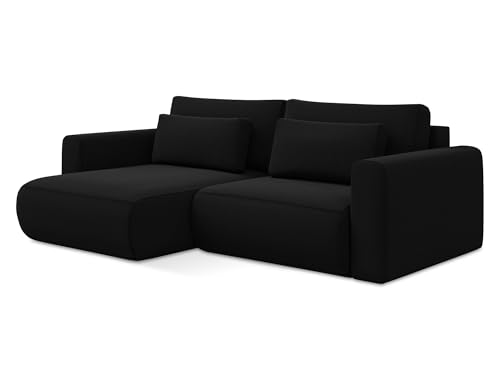 Kapua 2,5-Sitzer Ecksofa mit Schlaffunktion links in Schwarz - Schlafsofa mit Ottomane und Bettfunktion aus Samt, für Wohnzimmer, Skandinavisch Design, Oeko-Tex 240x149x82 cm, bis 350 kg belastbar von makamii