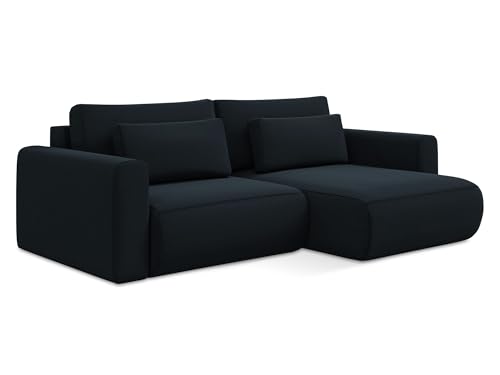 Kapua 2,5-Sitzer Ecksofa mit Schlaffunktion rechts in Blau - Schlafsofa mit Ottomane und Bettfunktion aus Samt, für Wohnzimmer, Skandinavisch Design, Oeko-Tex 240x149x82 cm, bis 350 kg belastbar von makamii