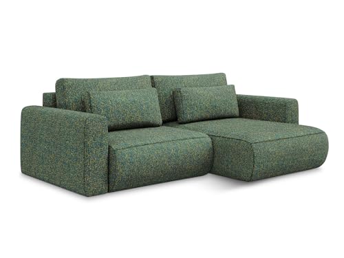 Kapua 2,5-Sitzer Ecksofa mit Schlaffunktion rechts in Grün - Schlafsofa mit Ottomane und Bettfunktion aus Strukturstoff, für Wohnzimmer, Skandinavisch Design, Oeko-Tex 240x149x82 cm, bis 350 kg von makamii