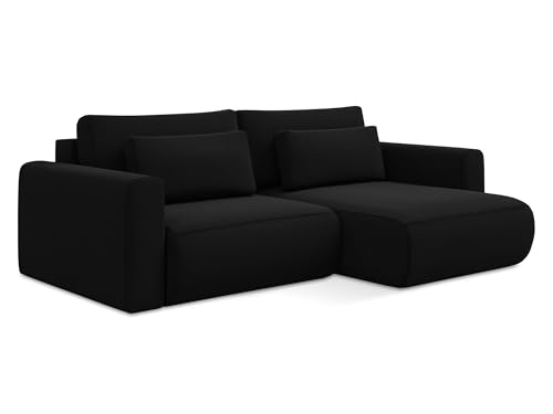 Kapua 2,5-Sitzer Ecksofa mit Schlaffunktion rechts in Schwarz - Schlafsofa mit Ottomane und Bettfunktion aus Samt, für Wohnzimmer, Skandinavisch Design, Oeko-Tex 240x149x82 cm, bis 350 kg belastbar von makamii