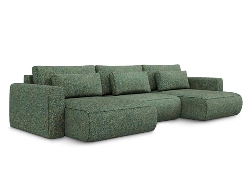 Kapua 3-Sitzer Ecksofa U-Form in Grün - XXL Wohnlandschaft mit Schlaffunktion und Bettfunktion aus Strukturstoff, Skandinavisches Design, Oeko-Tex zertifiziert 340x149x82 cm, bis 450 kg belastbar von makamii
