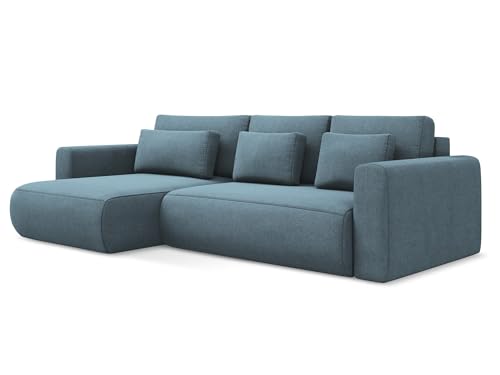 Kapua 3-Sitzer Ecksofa mit Schlaffunktion links in Blau - Schlafsofa mit Ottomane und Bettfunktion aus Strukturstoff, für Wohnzimmer, Skandinavisch Design, Oeko-Tex 278x149x82 cm, bis 400 kg belastbar von makamii