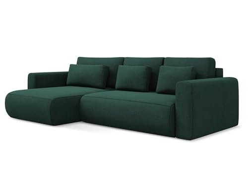 Kapua 3-Sitzer Ecksofa mit Schlaffunktion links in Grün - Schlafsofa mit Ottomane und Bettfunktion aus Strukturstoff, für Wohnzimmer, Skandinavisch Design, Oeko-Tex 278x149x82 cm, bis 400 kg belastbar von makamii
