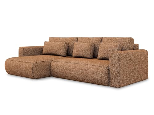 Kapua 3-Sitzer Ecksofa mit Schlaffunktion links in Orange - Schlafsofa mit Ottomane und Bettfunktion aus Strukturstoff, für Wohnzimmer, Skandinavisch Design, Oeko-Tex 278x149x82 cm, bis 400 kg von makamii