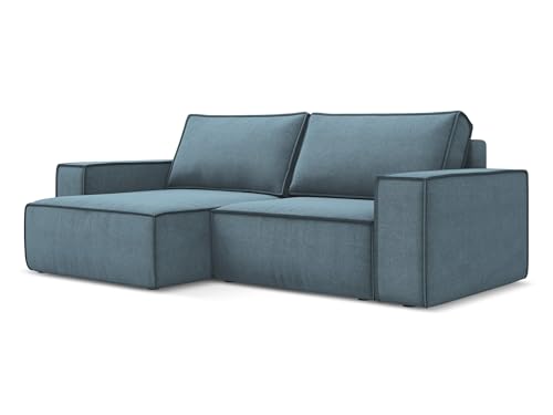 Kimo 2-Sitzer Ecksofa mit Schlaffunktion links in Blau - Schlafsofa mit Ottomane und Bettfunktion aus Strukturstoff, für Wohnzimmer, Skandinavisch Design, Oeko-Tex 257x148x82 cm, bis 400 kg belastbar von makamii