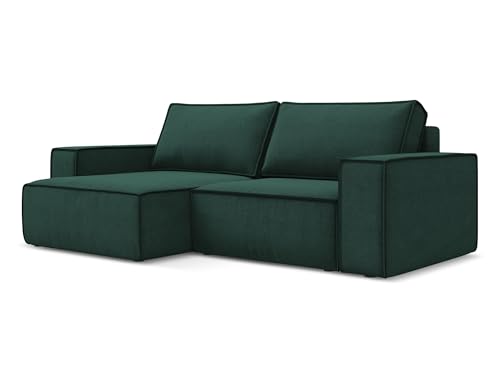 Kimo 2-Sitzer Ecksofa mit Schlaffunktion links in Grün - Schlafsofa mit Ottomane und Bettfunktion aus Strukturstoff, für Wohnzimmer, Skandinavisch Design, Oeko-Tex 257x148x82 cm, bis 400 kg belastbar von makamii