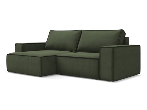 Kimo 2-Sitzer Ecksofa mit Schlaffunktion links in Grün - Schlafsofa mit Ottomane und Bettfunktion aus Strukturstoff, für Wohnzimmer, Skandinavisch Design, Oeko-Tex 257x148x82 cm, bis 400 kg belastbar von makamii