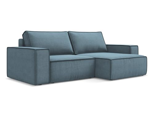 Kimo 2-Sitzer Ecksofa mit Schlaffunktion rechts in Blau - Schlafsofa mit Ottomane und Bettfunktion aus Strukturstoff, für Wohnzimmer, Skandinavisch Design, Oeko-Tex 257x148x82 cm, bis 400 kg belastbar von makamii