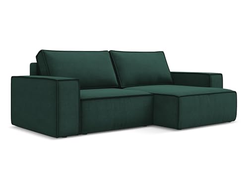 Kimo 2-Sitzer Ecksofa mit Schlaffunktion rechts in Grün - Schlafsofa mit Ottomane und Bettfunktion aus Strukturstoff, für Wohnzimmer, Skandinavisch Design, Oeko-Tex 257x148x82 cm, bis 400 kg belastbar von makamii