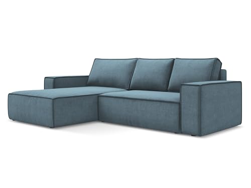 Kimo 3-Sitzer Ecksofa mit Schlaffunktion links in Blau - Schlafsofa mit Ottomane und Bettfunktion aus Strukturstoff, für Wohnzimmer, Skandinavisch Design, Oeko-Tex 290x185x82 cm, bis 450 kg belastbar von makamii
