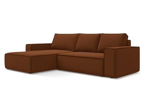 Kimo 3-Sitzer Ecksofa mit Schlaffunktion links in Orange - Schlafsofa mit Ottomane und Bettfunktion aus Samt, für Wohnzimmer, Skandinavisch Design, Oeko-Tex 290x185x82 cm, bis 450 kg belastbar von makamii