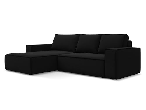 Kimo 3-Sitzer Ecksofa mit Schlaffunktion links in Schwarz - Schlafsofa mit Ottomane und Bettfunktion aus Samt, für Wohnzimmer, Skandinavisch Design, Oeko-Tex 290x185x82 cm, bis 450 kg belastbar von makamii