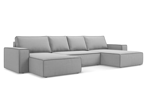 Kimo 4-Sitzer Ecksofa U-Form in Grau - XXL Wohnlandschaft aus Samt, modulares Sofa für Wohnzimmer, Japandi & Skandi Stil, Oeko-Tex 398x185x82 cm, bis 500 kg belastbar von makamii