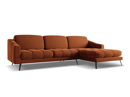 Nalu 3-Sitzer Ecksofa L-Form rechts in Orange - Sofa mit Ottomane aus Samt, modernes Design für Wohnzimmer 264x160x80 cm, bis 550 kg belastbar von makamii
