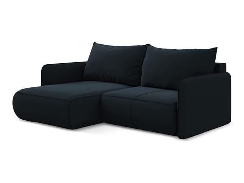 Nanea 2,5-Sitzer Ecksofa mit Schlaffunktion links in Blau - Schlafsofa mit Ottomane und Bettfunktion aus Samt, für Wohnzimmer, Skandinavisch Design, Oeko-Tex 207x148x86 cm, bis 450 kg belastbar von makamii