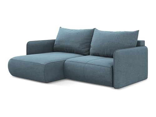 Nanea 2,5-Sitzer Ecksofa mit Schlaffunktion links in Blau - Schlafsofa mit Ottomane und Bettfunktion aus Strukturstoff, für Wohnzimmer, Skandinavisch Design, Oeko-Tex 207x148x86 cm, bis 450 kg von makamii
