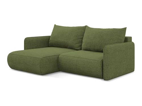 Nanea 2,5-Sitzer Ecksofa mit Schlaffunktion links in Grün - Schlafsofa mit Ottomane und Bettfunktion aus Chenille, für Wohnzimmer, Skandinavisch Design, Oeko-Tex 207x148x86 cm, bis 450 kg belastbar von makamii