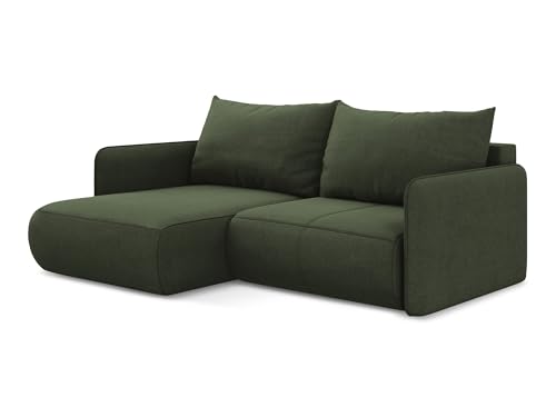 Nanea 2,5-Sitzer Ecksofa mit Schlaffunktion links in Grün - Schlafsofa mit Ottomane und Bettfunktion aus Strukturstoff, für Wohnzimmer, Skandinavisch Design, Oeko-Tex 207x148x86 cm, bis 450 kg von makamii