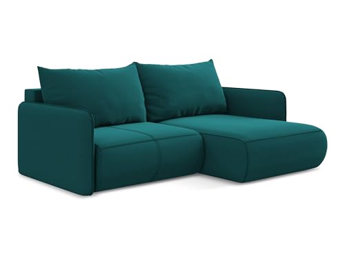Nanea 2,5-Sitzer Ecksofa mit Schlaffunktion rechts in Blau - Schlafsofa mit Ottomane und Bettfunktion aus Samt, für Wohnzimmer, Skandinavisch Design, Oeko-Tex 207x148x86 cm, bis 450 kg belastbar von makamii