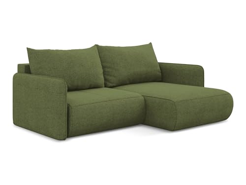 Nanea 2,5-Sitzer Ecksofa mit Schlaffunktion rechts in Grün - Schlafsofa mit Ottomane und Bettfunktion aus Chenille, für Wohnzimmer, Skandinavisch Design, Oeko-Tex 207x148x86 cm, bis 450 kg belastbar von makamii