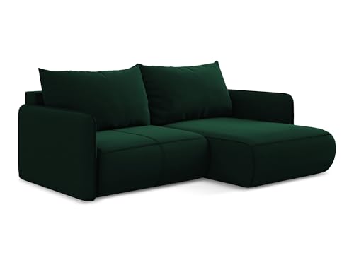 Nanea 2,5-Sitzer Ecksofa mit Schlaffunktion rechts in Grün - Schlafsofa mit Ottomane und Bettfunktion aus Samt, für Wohnzimmer, Skandinavisch Design, Oeko-Tex 207x148x86 cm, bis 450 kg belastbar von makamii