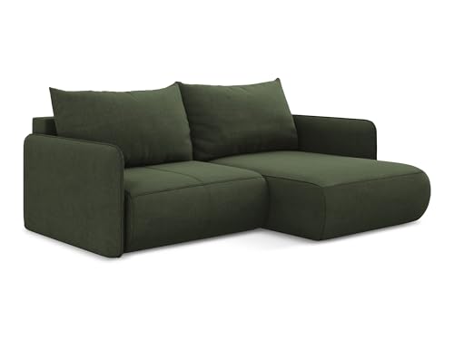 Nanea 2,5-Sitzer Ecksofa mit Schlaffunktion rechts in Grün - Schlafsofa mit Ottomane und Bettfunktion aus Strukturstoff, für Wohnzimmer, Skandinavisch Design, Oeko-Tex 207x148x86 cm, bis 450 kg von makamii