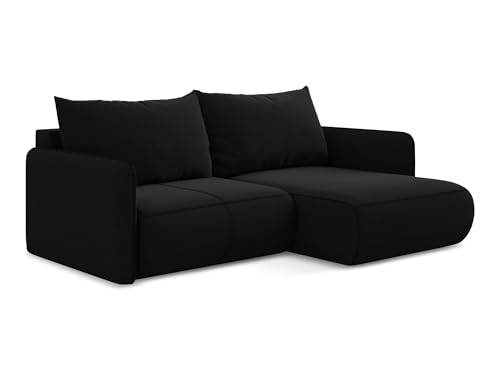Nanea 2,5-Sitzer Ecksofa mit Schlaffunktion rechts in Schwarz - Schlafsofa mit Ottomane und Bettfunktion aus Samt, für Wohnzimmer, Skandinavisch Design, Oeko-Tex 207x148x86 cm, bis 450 kg belastbar von makamii