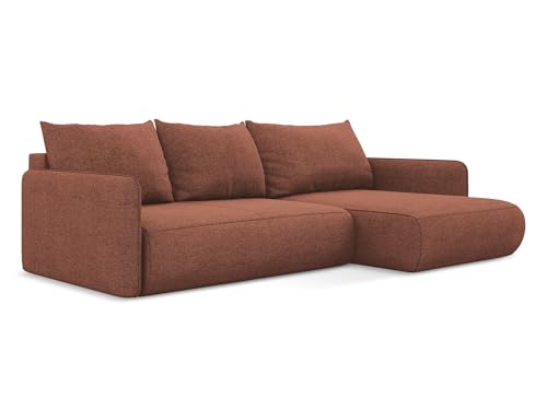 Nanea 3-Sitzer Ecksofa mit Schlaffunktion rechts in Pink - Schlafsofa mit Ottomane und Bettfunktion aus Chenille, für Wohnzimmer, Skandinavisch Design, Oeko-Tex 240x148x86 cm, bis 550 kg belastbar von makamii