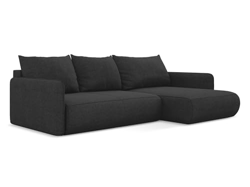 Nanea 3-Sitzer Ecksofa mit Schlaffunktion rechts in Schwarz - Schlafsofa mit Ottomane und Bettfunktion aus Chenille, für Wohnzimmer, Skandinavisch Design, Oeko-Tex 240x148x86 cm, bis 550 kg belastbar von makamii