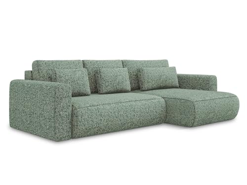 makamii Kapua 3-Sitzer Ecksofa mit Schlaffunktion rechts in Grün - Schlafsofa mit Ottomane und Bettfunktion aus Strukturstoff, für Wohnzimmer, Skandinavisch Design, Oeko-Tex 278x149x82 cm, bis 350 kg von makamii