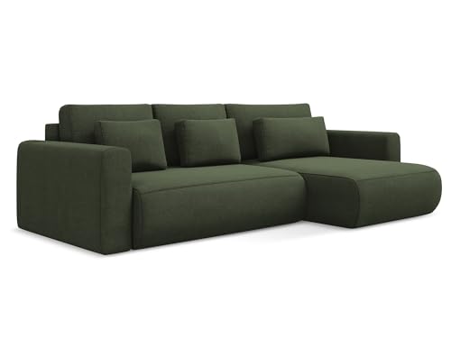 makamii Kapua 3-Sitzer Ecksofa mit Schlaffunktion rechts in Grün - Schlafsofa mit Ottomane und Bettfunktion aus Strukturstoff, für Wohnzimmer, Skandinavisch Design, Oeko-Tex 278x149x82 cm, bis 350 kg von makamii
