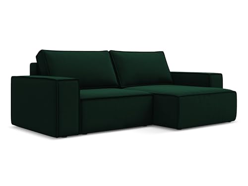 makamii Kimo 2-Sitzer Ecksofa mit Schlaffunktion rechts in Grün - Schlafsofa mit Ottomane und Bettfunktion aus Samt, für Wohnzimmer, Skandinavisch Design, Oeko-Tex 257x148x82 cm, bis 400 kg belastbar von makamii