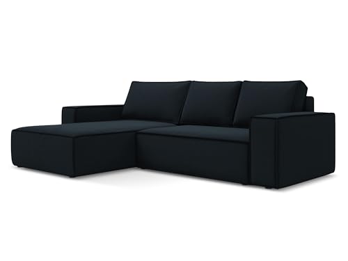makamii Kimo 3-Sitzer Ecksofa mit Schlaffunktion Links in Blau - Schlafsofa mit Ottomane und Bettfunktion aus Samt, für Wohnzimmer, Skandinavisch Design, Oeko-Tex 290x185x82 cm, bis 450 kg belastbar von makamii