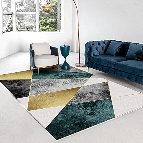makeups1 Klassischer Orientteppich, Abstraktes grünes Gold geometrisch, Kurzflor Waschbarer Anti-Rutsch Ornamente Muster Teppich 130 x 180 cm von makeups1