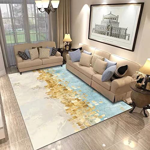 makeups1 Moderner Home Dekorative Designer Teppich Abstrakter Blauer Goldverlauf, Kurzflor Anti-Rutsch Waschbarer Teppiche 70 x 140 cm von makeups1