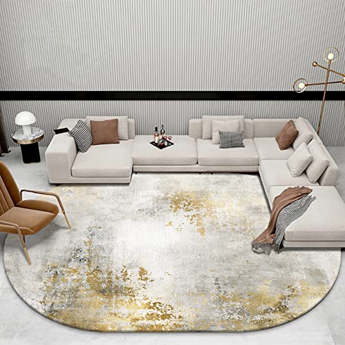 makeups1 Oval Designer Teppich Moderner Home Dekorative Oval Kurzflor Anti-Rutsch Waschbarer Teppiche, Abstraktes Muster in Zementgrau-Gold, 130 x 180 cm von makeups1