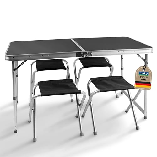Faltbarer Campingtisch mit Klappfunktion – Stabiler Alu-Klapptisch mit 4 mm MDF-Platte – Höhenverstellbar, leicht, rostfrei, pflegeleicht – Inkl. 4 Hocker – Outdoor Tisch Camping Picknick platzsparend von mako