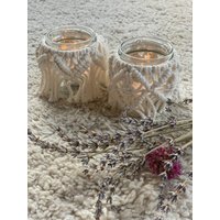 Windlicht Macrame Handmade Teelicht Personalisierbar Geschenk Freundin Winter Deko Wohnzimmer Tischdeko Dekoglas Boho Teelichthalter Glas von makramood