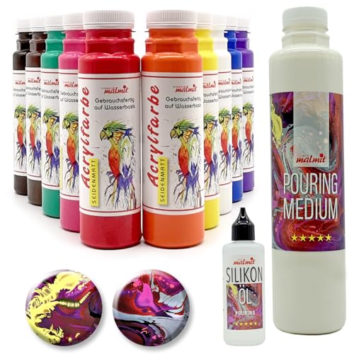 10 x Acrylfarben + Pouring fluid + Silikonöl | Acryl gießen Fließtechnik Malfarben | Made in Germany | für Leinwand, Holz, Stein, Pappe 10 x Acrylfarben + Pouring fluid + Silikonöl | Acryl gießen Fließtechnik Malfarben | Made in Germany | für Leinwand, Holz, Stein, Pappe von malmit