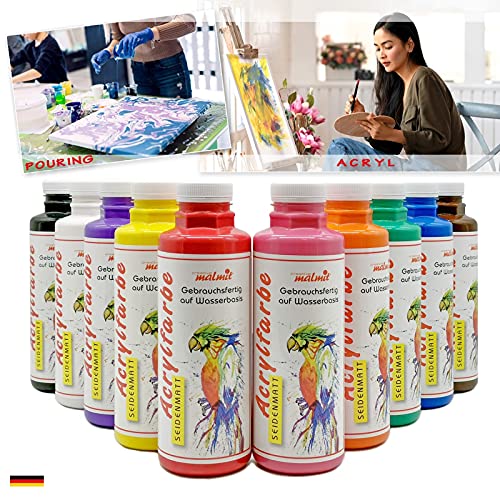 malmit Creative hochwertige Acrylfarben je 500ml | Künstler Farben in Seidenmatt | hochdeckende Malfarben | Made in Germany | auch geeignet für Pouring (Gelb) von malmit