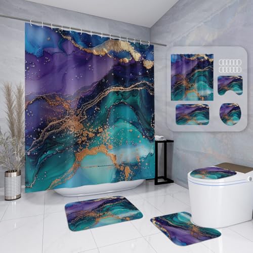 Badematten & Badteppiche Set 3 Teilig Badezimmerteppich Waschbar Badematte rutschfest,Wc Vorleger Mit Ausschnitt Und Badematte, Badvorleger Toilette Teppich 50×80Cm Lila Marmor von malxlaw