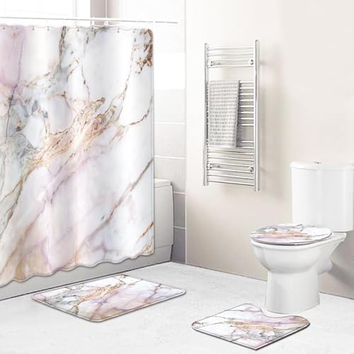 Badematten & Badteppiche Set 3 Teilig Badezimmerteppich Waschbar Badematte rutschfest,Wc Vorleger Mit Ausschnitt Und Badematte, Badvorleger Toilette Teppich 50×80Cm Rosa Marmor von malxlaw