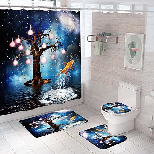 Badematten & Badteppiche Set 4 Teilig Badezimmerteppich Waschbar Badematte rutschfest,Wc Vorleger Mit Ausschnitt Badematte Und Duschvorhang,Badvorleger Toilette Teppich 50×80Cm Bäume Und Fische von malxlaw