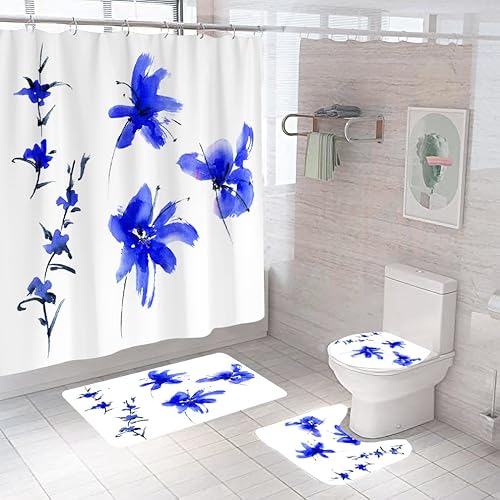 Badematten & Badteppiche Set 4 Teilig Badezimmerteppich Waschbar Badematte rutschfest,Wc Vorleger Mit Ausschnitt Badematte Und Duschvorhang,Badvorleger Toilette Teppich 50×80Cm Blau Badematten & Badteppiche Set 4 Teilig Badezimmerteppich Waschbar Badematte rutschfest,Wc Vorleger Mit Ausschnitt Badematte Und Duschvorhang,Badvorleger Toilette Teppich 50×80Cm Blau von malxlaw