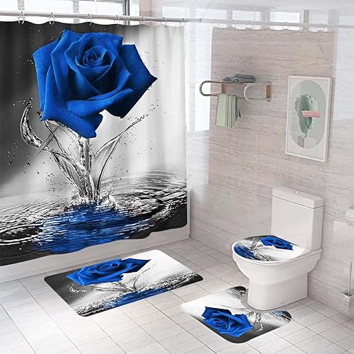 Badematten & Badteppiche Set 4 Teilig Badezimmerteppich Waschbar Badematte rutschfest,Wc Vorleger Mit Ausschnitt Badematte Und Duschvorhang,Badvorleger Toilette Teppich 50×80Cm Blaue Rose Badematten & Badteppiche Set 4 Teilig Badezimmerteppich Waschbar Badematte rutschfest,Wc Vorleger Mit Ausschnitt Badematte Und Duschvorhang,Badvorleger Toilette Teppich 50×80Cm Blaue Rose von malxlaw