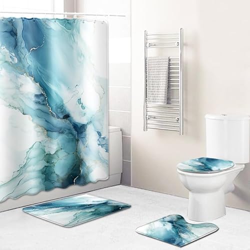 Badematten & Badteppiche Set 4 Teilig Badezimmerteppich Waschbar Badematte rutschfest,Wc Vorleger Mit Ausschnitt Badematte Und Duschvorhang,Badvorleger Toilette Teppich 50×80Cm Blauer Gradient Badematten & Badteppiche Set 4 Teilig Badezimmerteppich Waschbar Badematte rutschfest,Wc Vorleger Mit Ausschnitt Badematte Und Duschvorhang,Badvorleger Toilette Teppich 50×80Cm Blauer Gradient von malxlaw