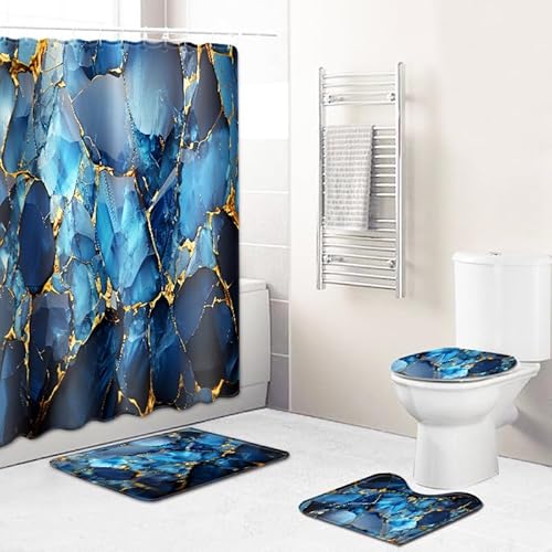 Badematten & Badteppiche Set 4 Teilig Badezimmerteppich Waschbar Badematte rutschfest,Wc Vorleger Mit Ausschnitt Badematte Und Duschvorhang,Badvorleger Toilette Teppich 50×80Cm Blauer Marmor von malxlaw