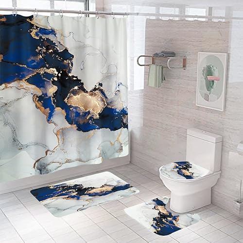 Badematten & Badteppiche Set 4 Teilig Badezimmerteppich Waschbar Badematte rutschfest,Wc Vorleger Mit Ausschnitt Badematte Und Duschvorhang,Badvorleger Toilette Teppich 50×80Cm Blauer Marmor von malxlaw
