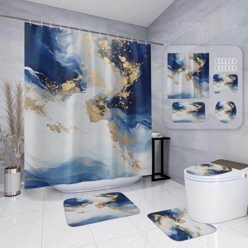 Badematten & Badteppiche Set 4 Teilig Badezimmerteppich Waschbar Badematte rutschfest,Wc Vorleger Mit Ausschnitt Badematte Und Duschvorhang,Badvorleger Toilette Teppich 50×80Cm Blauer Marmor Badematten & Badteppiche Set 4 Teilig Badezimmerteppich Waschbar Badematte rutschfest,Wc Vorleger Mit Ausschnitt Badematte Und Duschvorhang,Badvorleger Toilette Teppich 50×80Cm Blauer Marmor von malxlaw