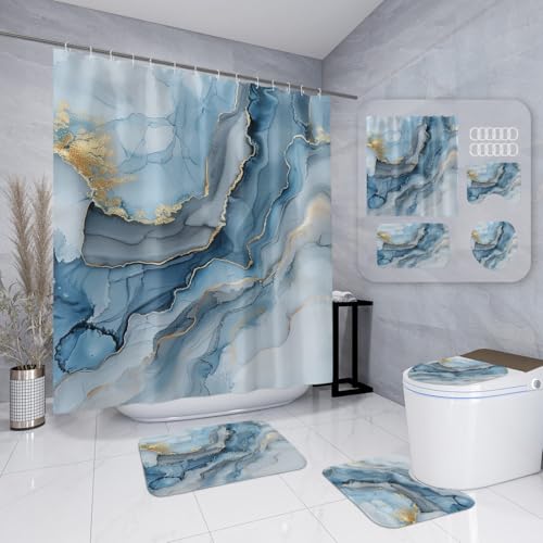 Badematten & Badteppiche Set 4 Teilig Badezimmerteppich Waschbar Badematte rutschfest,Wc Vorleger Mit Ausschnitt Badematte Und Duschvorhang,Badvorleger Toilette Teppich 50×80Cm Blauer Marmor Badematten & Badteppiche Set 4 Teilig Badezimmerteppich Waschbar Badematte rutschfest,Wc Vorleger Mit Ausschnitt Badematte Und Duschvorhang,Badvorleger Toilette Teppich 50×80Cm Blauer Marmor von malxlaw